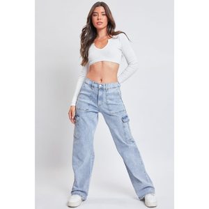 Jeans Cargo de Mezclilla Y2K de Lujo con Bordado Plateado Azul Hielo, 6 Bolsillos, Tela Suave y Elástica, Cintura Alta, Corte Relajado, Ecológicos - Product Image 1