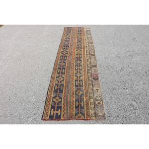 Alfombra turca Vintage de 2,5x9,3 pies, azul y tejido plano Beige, alfombra para sala de estar, Material de lana, respaldo de látex para decoraciones de adolescentes - Product Image 1