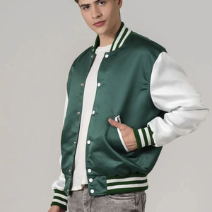 Veste bomber universitaire en satin élégante avec col montant et logo frontal, design personnalisé pour hommes et femmes - Product Image 3