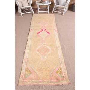 Turkish Vintage Rug, 2.8x10.2 ft <b>Runner</b> Rug, Pink <b>Green</b> Plants & trees Rug - Product Image 1