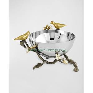 Tazón de mesa pulido con espejo metálico, tazón de servidor de comida moderno con gorrión de diseñador y soporte en forma de flor, tazón de comida hecho a mano - Product Image 1