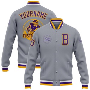 Veste universitaire vintage à boutons-pression pour hommes en gris violet-or Bomber coupe-vent Streetwear pour l'hiver Style Letterman - Product Image 1