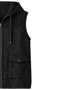Manufacturer Custom Men <b>Black</b> Hooded Sleeveless Cable <b>Knit</b> <b>Vest</b> Wool Acrylic Blend Full Zip Winter Casual Sweater With Pockets - Product Image 4
