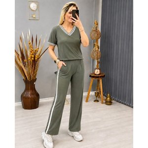 Conjunto de Dos Piezas para Mujer, Blusa de Manga Corta con Cuello en V de Viscosa de Dos Hilos y Pantalones, 35466 - Caqui - Product Image 1