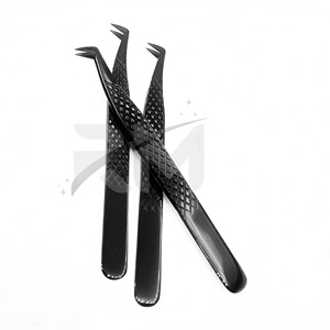 RMI <b>Black</b> Plasma Color 45 Degree Boot Point Stainless Steel Diamond Grip Eyelash Tweezers / White Color 1 Tweezer <b>Hold</b> Stand Set - Product Image 3