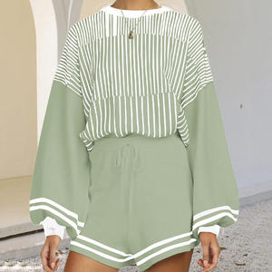 Autumn/Winter New Sweater Set Women Color Blocked Striped Knitted Shirt Long Sleeve <b>Shorts</b> Two Piece Set OEM - Product Image 2