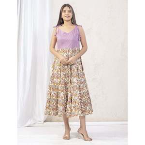 ชุดเดรสผ้าฝ้ายพิมพ์ลายสีขาวม่วงพร้อมสายคล้องไหล่ สไตล์ลำลอง ใส่ได้ทุกวัน ระบายอากาศได้ดี ไซส์ XS-6XL ยาวคลุมเท้า ช่วงเอวเข้ารูป - Product Image 3