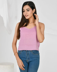 Lavender Cotton Kantha Spaghetti <b>Top</b> Plain Dyed <b>Short</b> Knitted Clothing <b>Sleeveless</b> V-neck <b>Top</b> For Women - Product Image 1