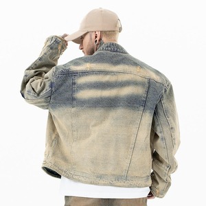 2025-26 Spring Plus Size Men's Denim <b>Jacket</b> Stand Collar Two Way Zipper Loose <b>Jacket</b> Distressed <b>Vintage</b> Washed <b>Jacket</b> - Product Image 3