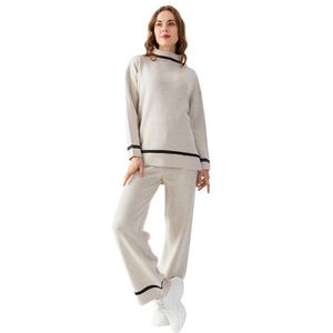Ensemble élégant pour femmes en tricot rayé sport deux pièces, pull à manches longues surdimensionné et pantalon pour le yoga et la marche quotidiens - Product Image 1