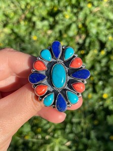 Exquis 925 Sterling Silver Multi-Stone Vintage Fancy Style Turquoise Bezel Setting Statement Ring pour les mariages unisexes - Product Image 5