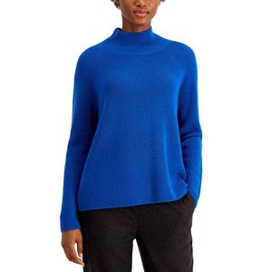 Poncho Eileen Fisher in Lana Merino Blu con Collo Alto, Maniche Raglan, Traspirante, Taglia L, con Colletto a Fiocco e Logo Applicato Frontale - Product Image 1