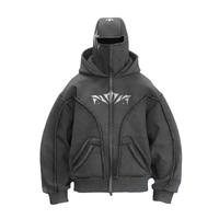 Sudadera con capucha y cremallera completa para hombre, talla grande, estilo Y2K, informal, de algodón tejido, estampada, larga, bordada, con máscara facial tipo pasamontañas