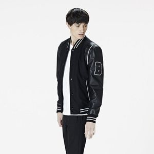 Vestes de Baseball personnalisées à col montant pour hommes, Top tendance, couleur noire, avec manches en cuir - Product Image 3