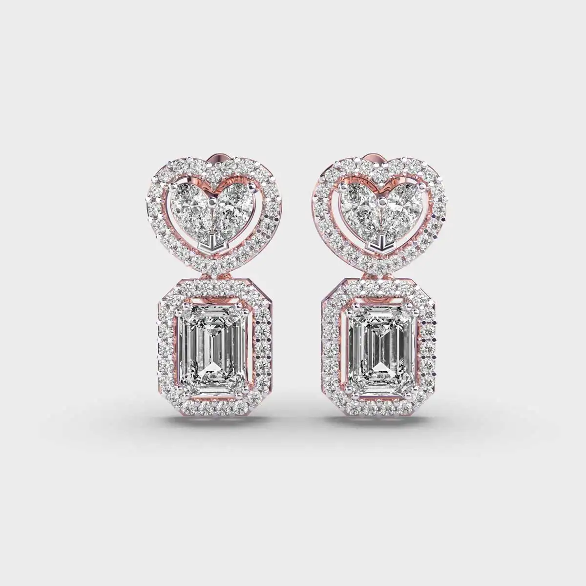Halo Diamond Two Stone Wedding Earrings Heart and Emerald Cut Lab Grown Diamond Engagement Earring Push Back Stud Earrings Women
