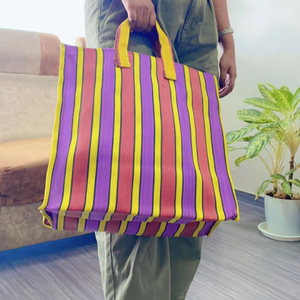 กระเป๋าช้อปปิ้งผ้าทอมือลายทาง คุณภาพสูง ผลิตจากไนลอนรีไซเคิล เป็นมิตรกับสิ่งแวดล้อม ใช้ซ้ำได้ พร้อมซิป  รับสกรีนโลโก้ สำหรับใช้ที่ชายหาด - Product Image 1