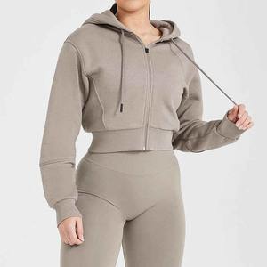 2025 LOGOTIPO PERSONALIZADO DE ALTA CALIDAD MUJER EN BLANCO CREMALLERA COMPLETA CON CORDÓN FLEECE OVERSIZE CROPPED ZIP HOODIE PARA MUJER - Product Image 6