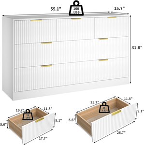 JIAMEIJIA <span class=keywords><strong>Commode</strong></span> moderne blanche à 7 tiroirs avec façade côtelée <span class=keywords><strong>et</strong></span> poignées dorées – Vente en gros - Product Image 2