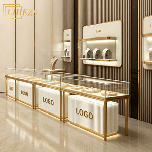 Vitrine de présentation de bijoux haut de gamme en verre trempé éclairé sur pied pour boutique de bijouterie - Product Image 1
