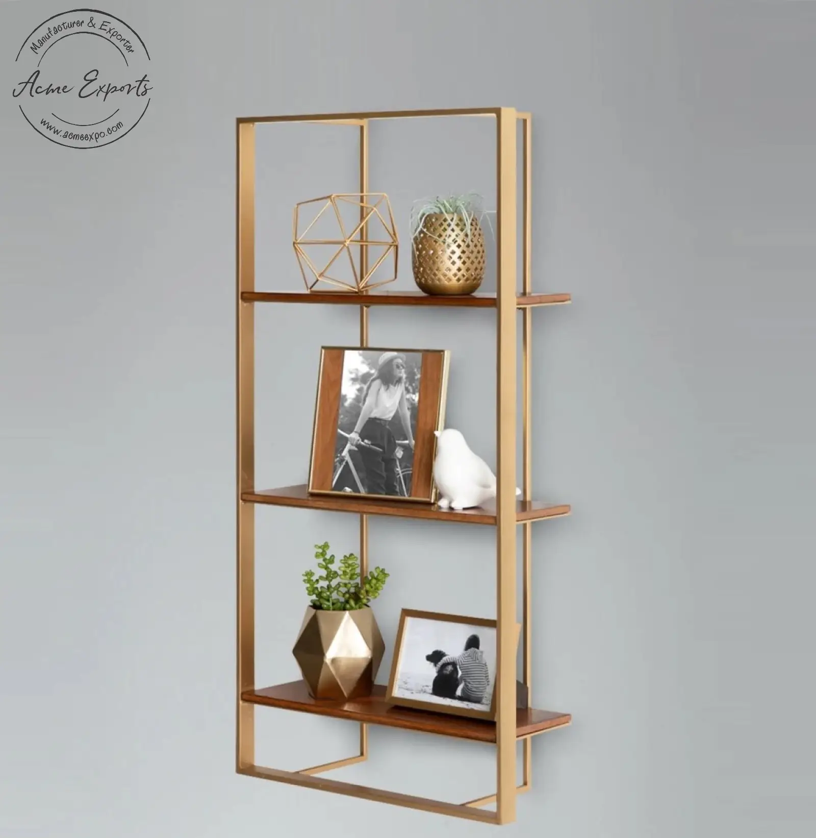 Luxury Quality Large Gold Finished Tall Metal Frame Wall Shelf with Solid Wood Slabs for Bathroom Living Room Plant Organizer.