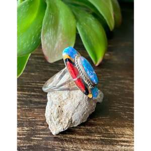 Navajo Handmade Cultural Collectible Ring Multi-Stone & Sterling Silver Inlay Size 4.75 - Product Image 3