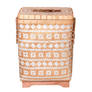 Vintage Style Handwoven Bamboo Laundry <b>Basket</b> with Beige <b>White</b> Zig Zag Pattern and Lid Water Hyacinth Material - Product Image 1