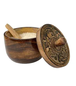 Cave à sel rustique avec couvercle sculpté à la main et cuillère à sel | Bols à épices pour la cuisson du sel - Product Image 1