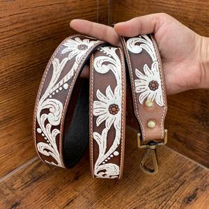 Handmade Full Grain Cowhide <b>Leather</b> Replacement Handbag Strap & High Quality <b>Tooled</b> Floral Camera Strap with Antique Brass Snaps - Product Image 3