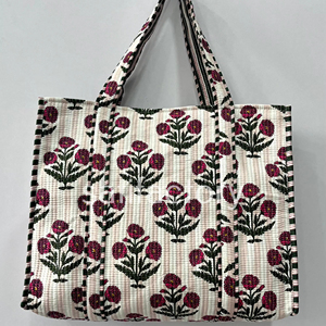 Bolso de mano grande reversible con estampado a mano de algodón acolchado a rayas florales, estilo bohemio ecológico, abierto, resistente, para compras de comestibles - Product Image 1