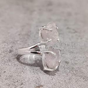 Bague pour femme en quartz rose naturel, pierre de naissance d'avril, double pierre, cadeau de Noël, bijoux faits à la main, bague en argent sterling 925 - Product Image 2