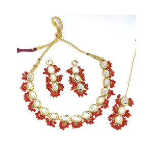 Parures de bijoux de mariée plaquées or 24 carats Kundan, collier rouge à une seule couche avec zircon pour mariage - Product Image 3