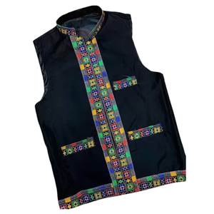Traditional Handcrafted <b>Black</b> Ethnic Vest For <b>Men</b> Featuring Intricate Orange Purple And Red Geometric Embroidery - Product Image 2