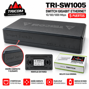 Commutateur Ethernet Gigabit TRICOM 5 ports 10/100/1000 Mbps, design compact, montage mural, Plug & Play - Product Image 2