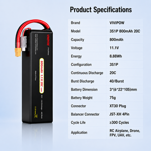 Batterie de drone LiPo 3S 11.1V 20C 800mAh de haute qualité, pack de batterie Li-Po personnalisé pour drone FPV, batterie de drone légère - Product Image 5