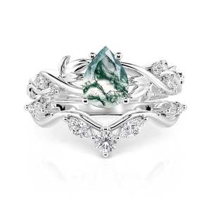 Jeulia Intertwined Leaf Pear Cut Moss Agate <b>Ring</b> <b>Set</b>-Rose Gold Plated <b>Silver</b> Fashion <b>Ring</b> - Product Image 1