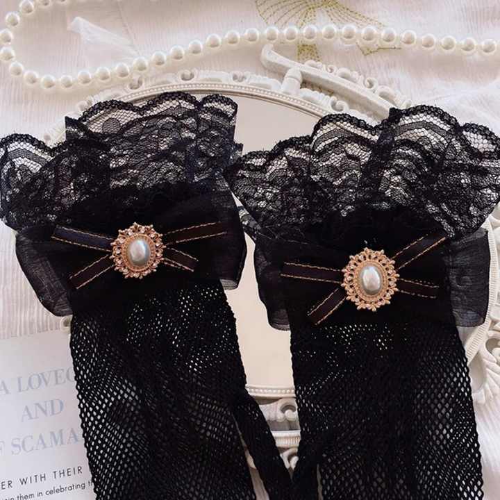 Japanese Soft Girl Black White Lace Gloves Girl Gothic Lolita Mesh Bow Flower Lace Gloves Sweet Wristband Maid Cosplay Jewelry