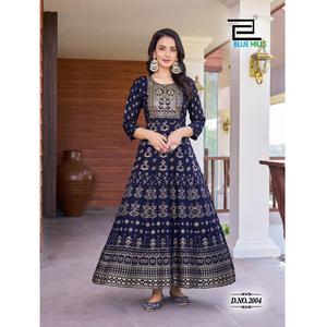 Nouvel arrivage de robes indiennes pakistanaises Anarkali rayonne femmes ethnique Kurtis classique broderie travail cou travail imprimé Culture indienne - Product Image 1