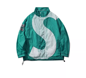 Men's Black White Color Blocking Windproof <b>Racer</b> <b>Jacket</b> Stand Collar Zipper Closure Patch Design Sporty Style Autumn Wear - Product Image 5