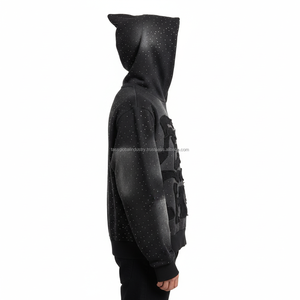 เสื้อฮู้ดสตรีทแวร์แบบมีซิปแต่งลายปักแบบพิเศษ พร้อมคริสตัลตกแต่ง ล้างสีแบบแอซิดวอช ผลิตจากผ้าฝ้าย 100% ระบายอากาศได้ดี - Product Image 2