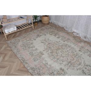 Tapis vintage 5,9x9 pieds, grand tapis turc, tapis en laine gris rose à motifs floraux - Product Image 3