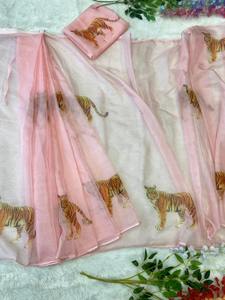 Exclusivo Sari de Organza de Seda con Diseño de Diseñador y Blusa Elegante, Estilo Étnico Moderno, Última Tendencia India, Ropa de Fiesta Modesta para Mujer - Product Image 6