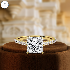 Anillo de Diamante Cultivado en Laboratorio con Corte Princesa de 1 Quilate, 6 Puntas con Media Pavimentación de Diamantes, Anillo de Compromiso de Oro de 14k, Anillo de Propuesta, Certificado IGI - Product Image 1