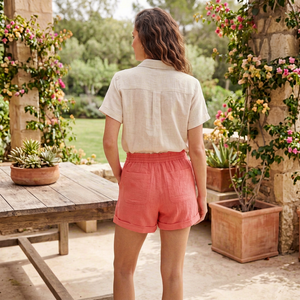 Shorts évasés en coton pour femme, couleur corail unie, taille à cordon, coupe classique, style décontracté, taille mi-haute, poches, respirant, écologique - Product Image 2