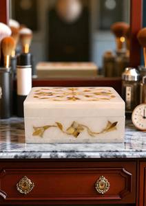 Caja de joyería con incrustaciones de mármol blanco rectangular moderna hecha a mano con diseño floral de piedras preciosas caja de regalo de piedra decorativa de lujo - Product Image 2