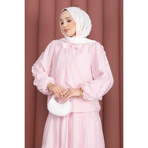 Ensemble deux pièces en mousseline avec col à nœud et jupe, style doux, rose, short XS pour tenues printemps/été - Product Image 2