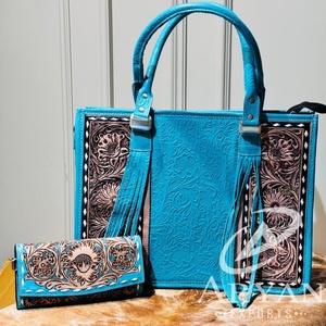 กระเป๋าถือใบใหญ่ลายดอกไม้เทอร์ควอยส์มือและกระเป๋าสตางค์แบบตะวันตกพร้อมสายคล้องข้อมือสีเทอร์ควอยซ์สำหรับผู้หญิง - Product Image 1