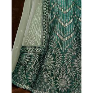 Ensemble Lehenga Choli en soie artificielle vert mer avec paillettes et dupatta en tulle doux pour femmes - Product Image 4