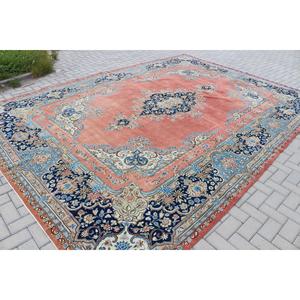 Tapis vintage 9,6x13,7 pieds, tapis turc surdimensionné, tapis en laine bleu rose à pois - Product Image 2