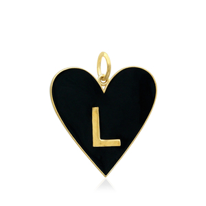 Amarillo Vermeil 925 Plata negro esmalte en forma de corazón inicial L encanto fino colgante joyería al por mayor, joyería para regalos - Product Image 1