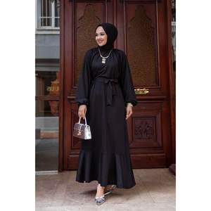 High Quality <b>Black</b> Satin Hijab Dress Embroidered Flounce <b>Skirt</b> Modest Muslimah Straight Plus Size High Collar-Available Solid - Product Image 3